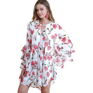 Umgee Ruffle Sleeve Floral Keyhole Dress, Cream  size Small